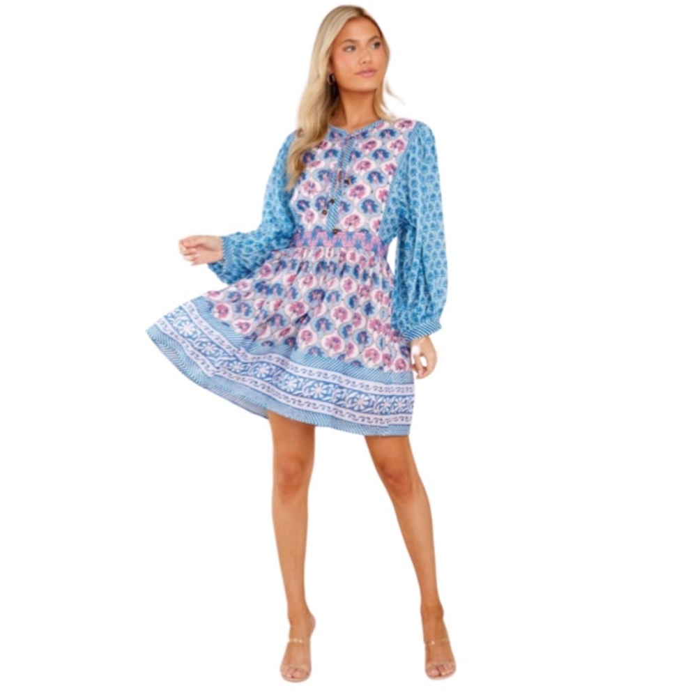 OLIPHANT Tie Front Bubble Sleeve Dress in Iris Blue and Pink. Size Medium. NWT!